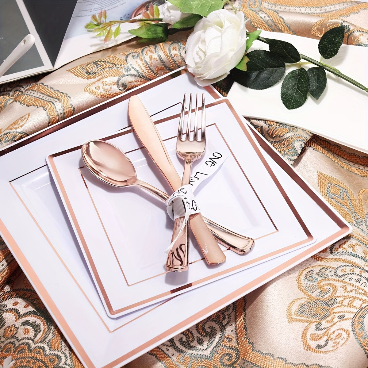 50Guest Rose Gold Plastic Plates with Disposable Plastic Silverware& Rose Gold Cups&Rose Gold Plastic Bowls&Hand Napkins-Plastic Dinnerware for Wedding&Parties