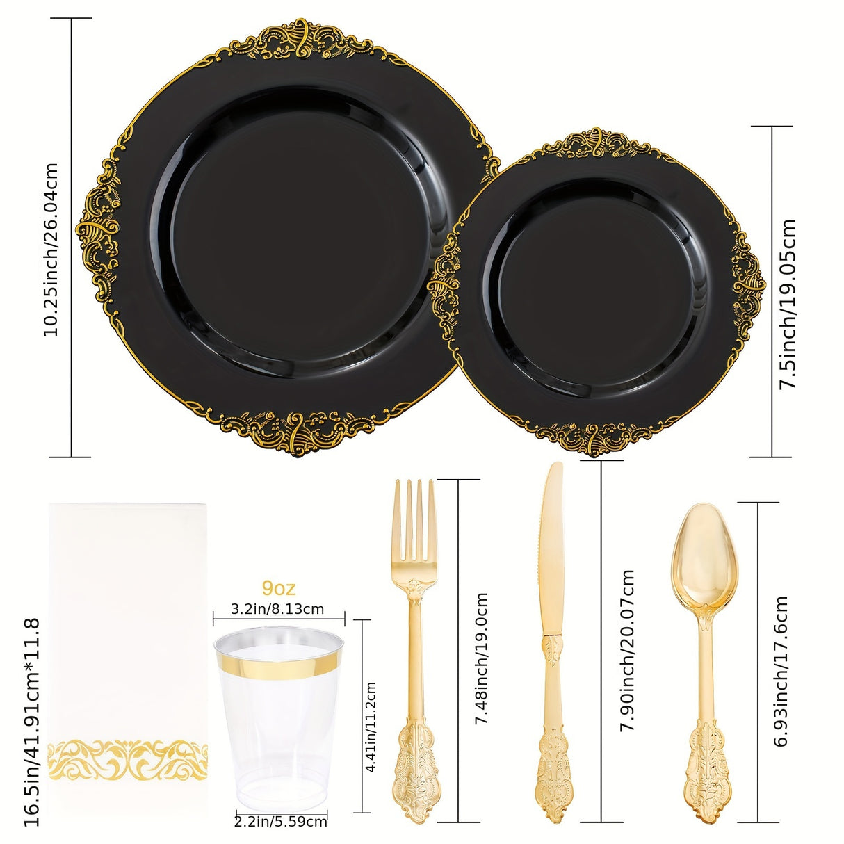 350PCS Black and Gold - Blue and Gold - Rose and Gold Plastic Plates - Black - Blue -Rose Plastic Dinnerware Sets for 50 Guests - 100 Black - Blue -Rose Disposable Plates, 150 Gold Plastic Silverware, 50 Cups, 50 Napkins for
