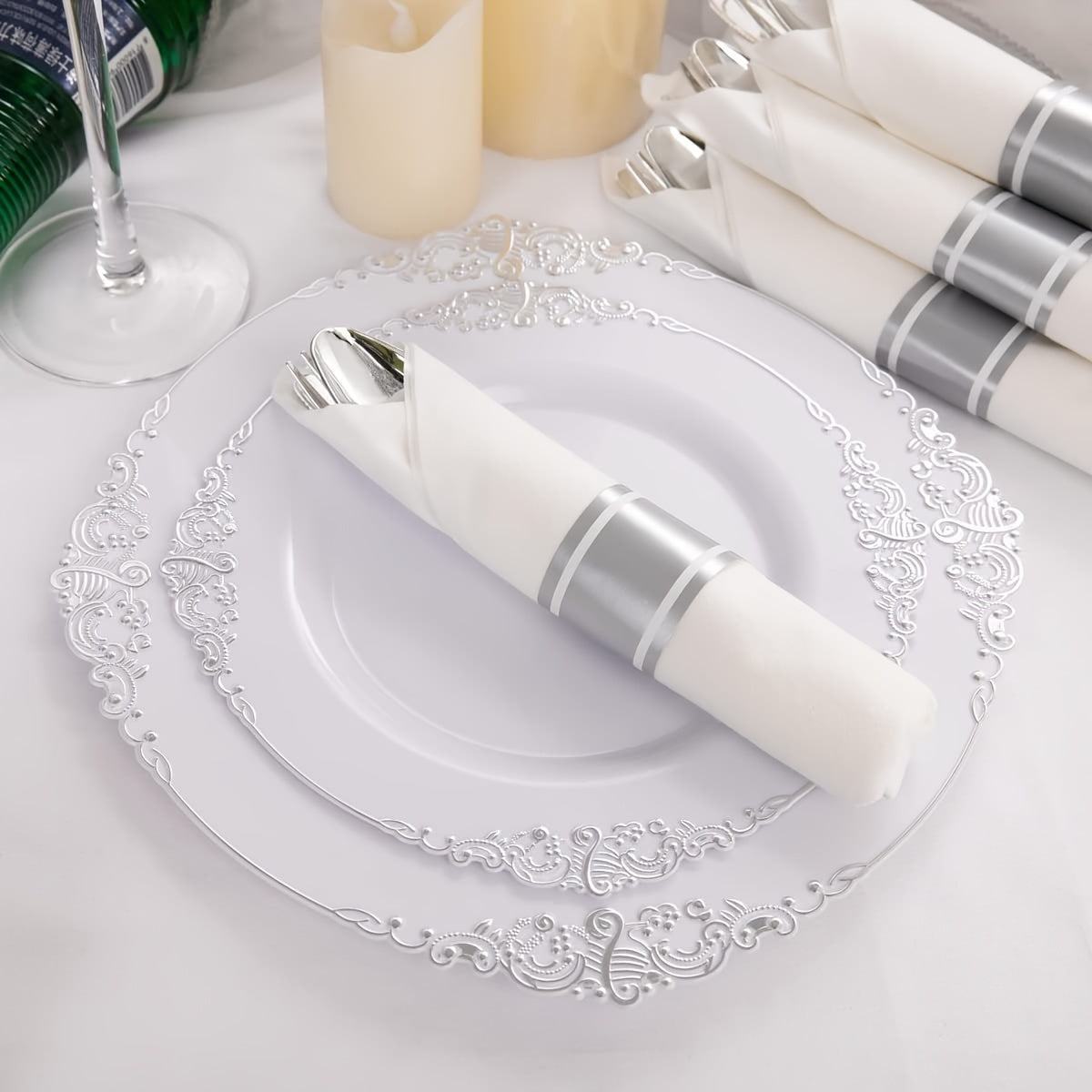 350PCS Silver Plastic Plates&Pre Rolled Napkins for 50 Guests, Plastic Dinerware Set 100 Silver Disposable Plates, 150 Silver Silverware, 50Cups and 50Napkins for Wedding&Party