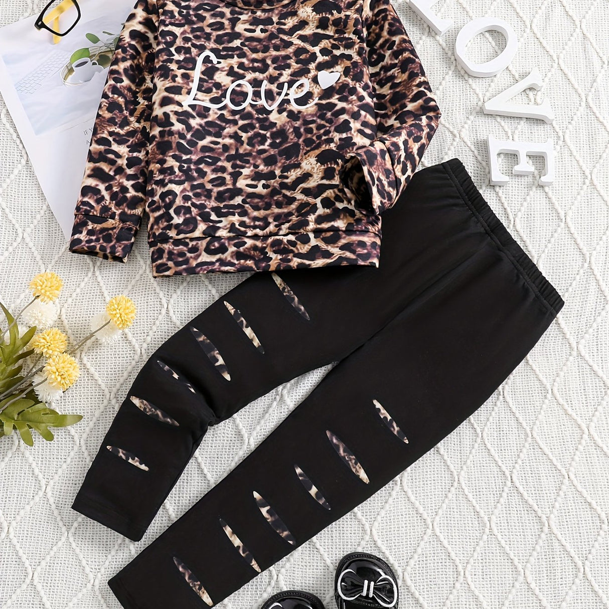 2pcs Girls Leopard Print Top +Jeans Set Kids Clothes For Gift Spring Fall