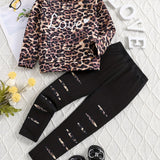 2pcs Girls Leopard Print Top +Jeans Set Kids Clothes For Gift Spring Fall