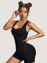 Women's Workout Rompers, High Stretchy Seamless Beauty Open Back Ribbed Tummy Control Bodysuits, Square Neck Solid Color Gym Sports Yoga Tank Short Jumpsuits Playsuits