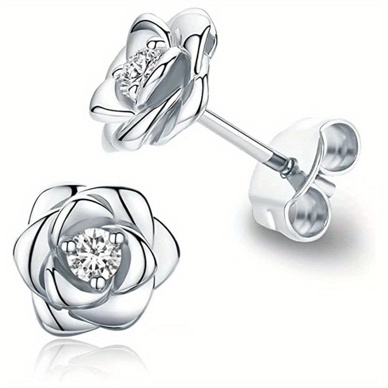 Shiny Zircon Flower Stud Earrings - Delicate Daily Jewelry for Women
