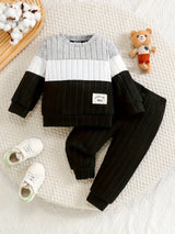 Toddler Boys 2-Piece Outfit, Spring/Autumn Knit Long Sleeve Top with Ribbed Pants, Casual Round Neck, Stretch Polyester, Color Block Design, Elastic Waistband, Baby Clothing Set, For Outdoor