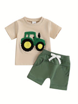 Toddler Boys Summer Outfits Truck Embroidered Round Neck Short Sleeve T-Shirts Elastic Waist Shorts 2pcs Clothes Set