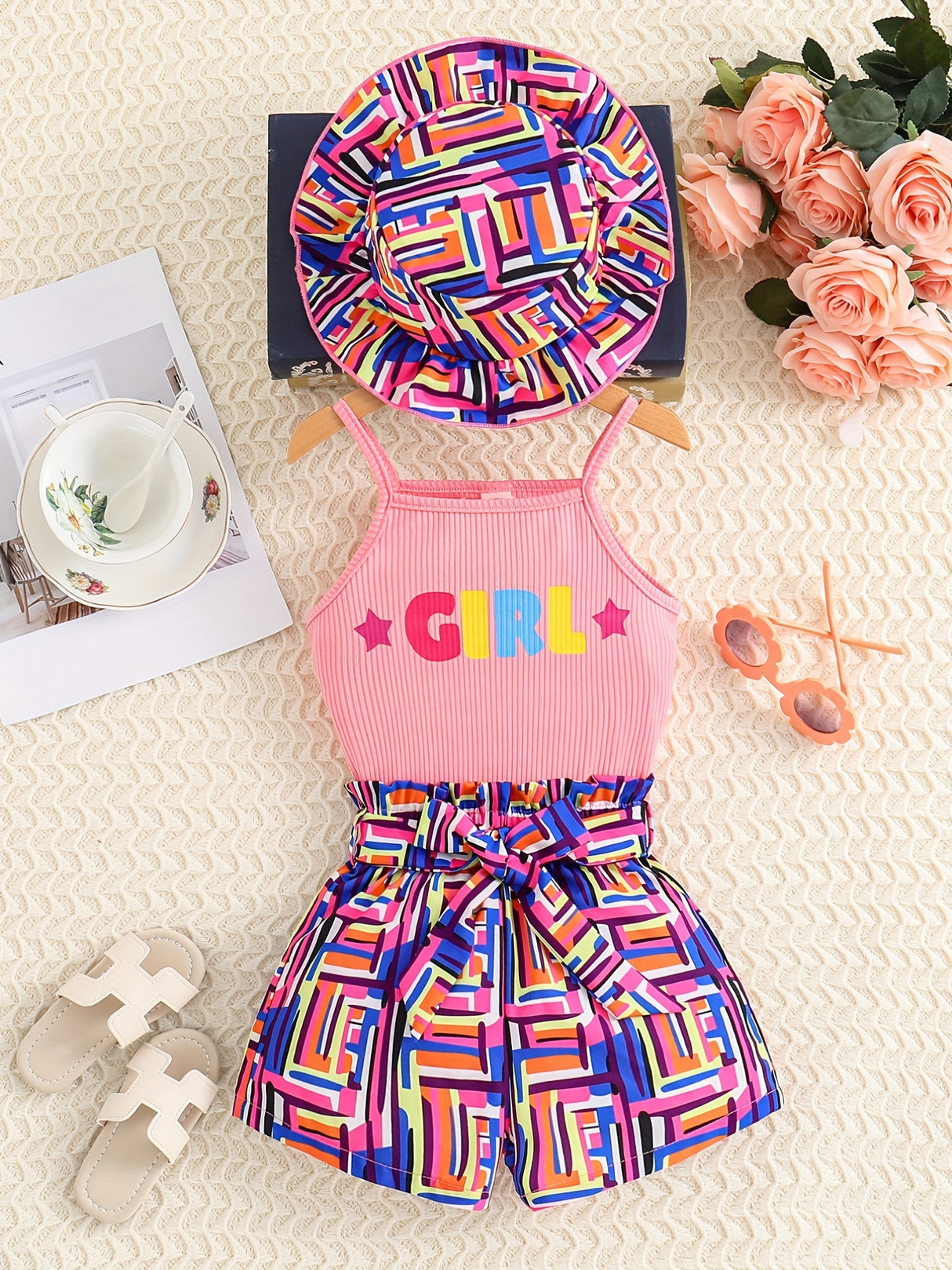 Toddler Girl's Geometric Pattern 3pcs, Ribbed Cami Top & Hat & Belted Shorts Set, Street Style Casual Outfits, Kids Clothes For Summer Vacation Music Festival