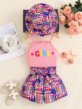 Toddler Girl's Geometric Pattern 3pcs, Ribbed Cami Top & Hat & Belted Shorts Set, Street Style Casual Outfits, Kids Clothes For Summer Vacation Music Festival