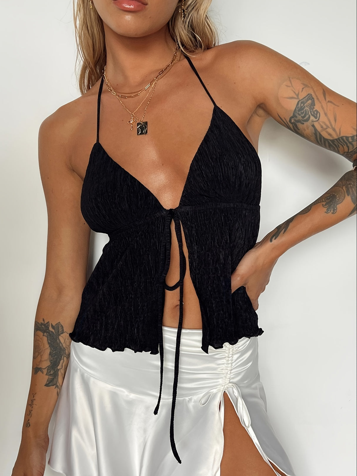 Women Halterneck Crop Tops Summer Solid Color Bandage Open Front Backless Sleeveless Tops Streetwear