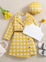 Girl's Trendy 4pcs, Long Sleeve Blazer & Beret Hat & Camisole & Skirt Set, Plaid Print Casual Outfits, Kids Clothes For Spring Summer