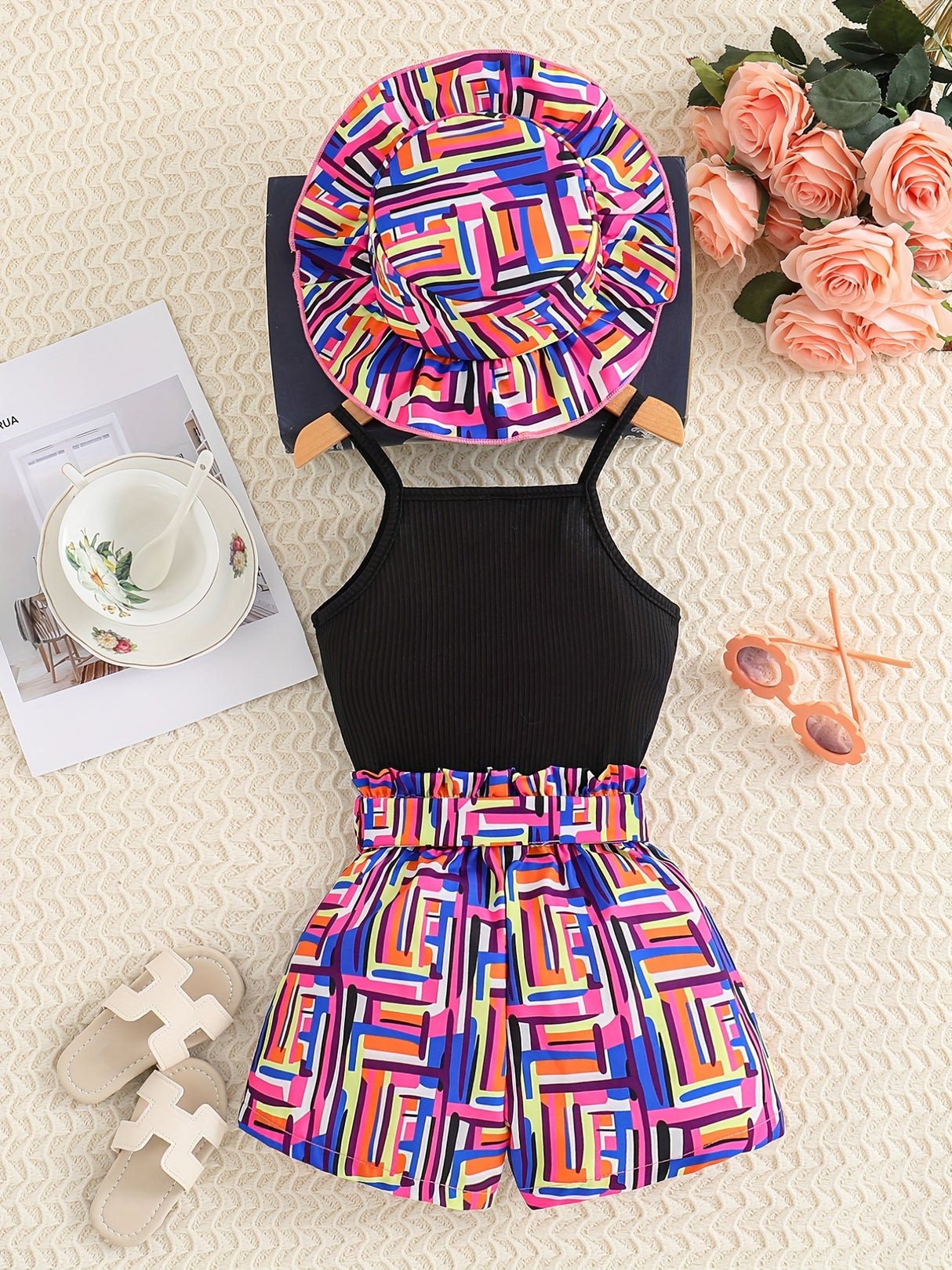 Toddler Girl's Geometric Pattern 3pcs, Ribbed Cami Top & Hat & Belted Shorts Set, Street Style Casual Outfits, Kids Clothes For Summer Vacation Music Festival