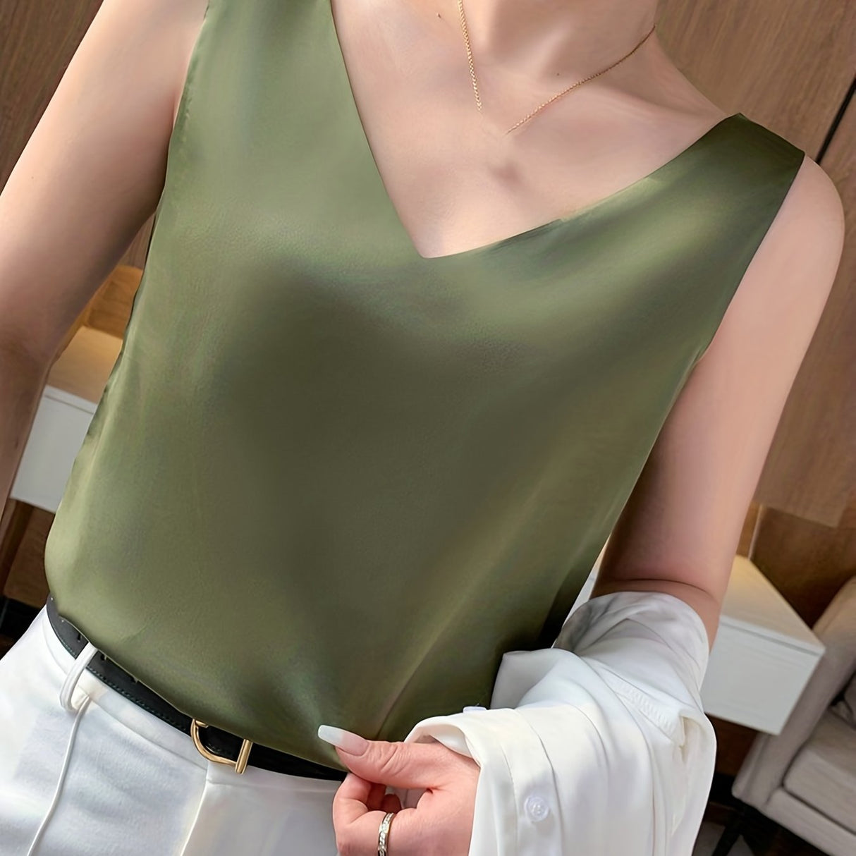 Elegant Summer V-Neck Tank Top for Women: Chic Sleeveless, Sexy Slingback Design, Polyester-Spandex Blend