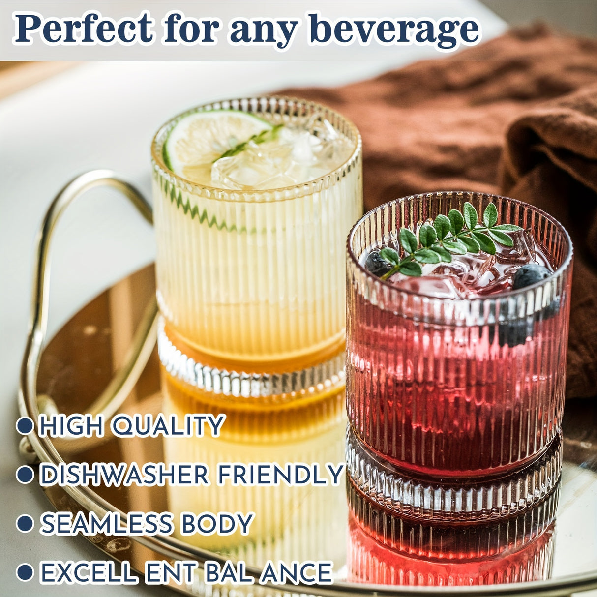 12Pcs, Ribbed Glasses, Drinking Glass Set, Vintage Glassware for Kitchen, Old Fashioned Whiskey Tumblers, Perfect for Juice, Cocktails, and Beverages