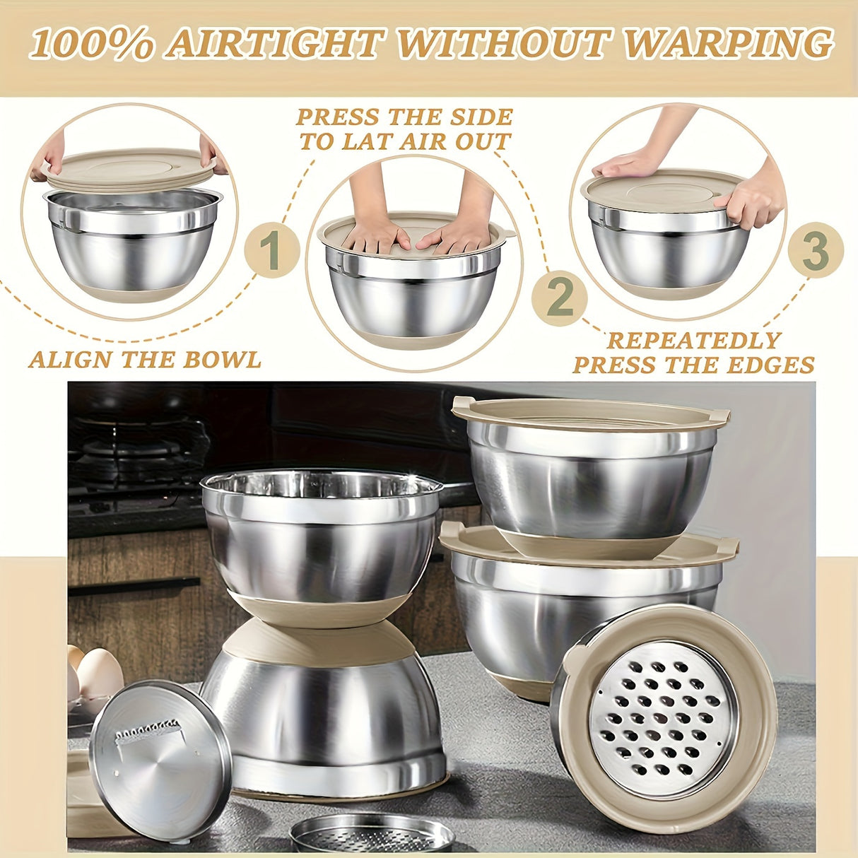 Mixing Bowls With Airtight Lids Set, 26PCS Stainless Steel Khaki Bowls With Grater Attachments, Non-Slip Bottoms & Kitchen Gadgets Set, Size 7, 4, 2.5, 2.0, 1.5, 1QT, Great For Mixing & Serving