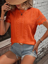 Spring/Fall Elegance: Embroidered Crew Neck Cap Sleeve Top for Women - Semi-Sheer, Easy Care, Durable Fabric