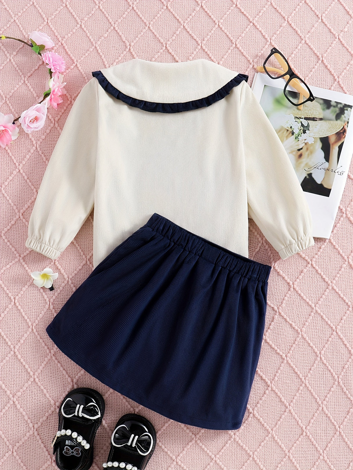 Comfy 2pcs Girls, Embroidery Collar Long Sleeve Knitwear + Skirt Set Kids Clothes For Spring Fall Christmas Gift