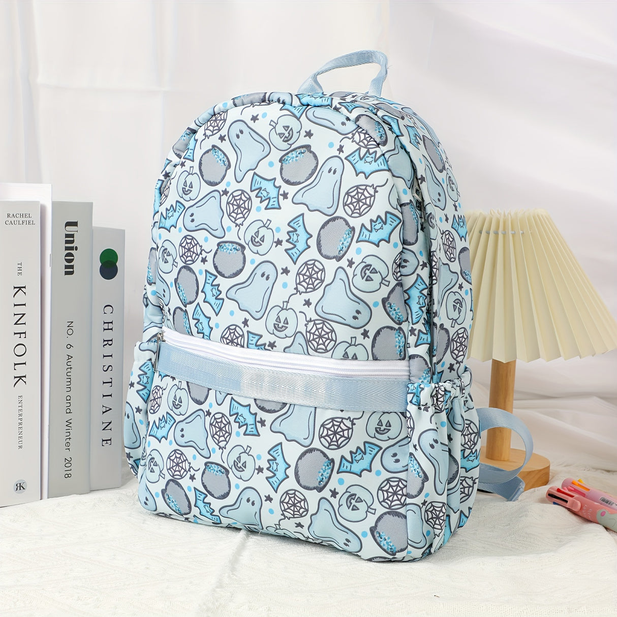 Halloween Charm Backpack - Cute Ghost & Skull Pumpkin Print, Lightweight Large Capacity School Bag with Adjustable Straps and Lace Detail
