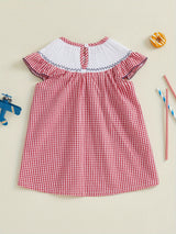 Toddler Girls Patriotic 4th of July Dress with American Flag Embroidery, Ruffled Sleeves & Bow Detail - Red Gingham A-Line Cotton Blend Beach Party Outfit for Independence Day Celebrations, Little Girls Outfit Sets