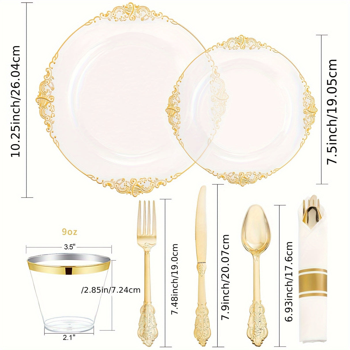 175PCS Clear and Gold Plastic Plates - Gold Disposable Plates Pre Rolled Napkins with Plastic Cutlery for 25 Guests, 50Plates, 75 Gold Plastic Silverware, 25Cups, 25Napkins for Wedding&Party