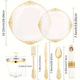 175PCS Clear and Gold Plastic Plates - Gold Disposable Plates Pre Rolled Napkins with Plastic Cutlery for 25 Guests, 50Plates, 75 Gold Plastic Silverware, 25Cups, 25Napkins for Wedding&Party