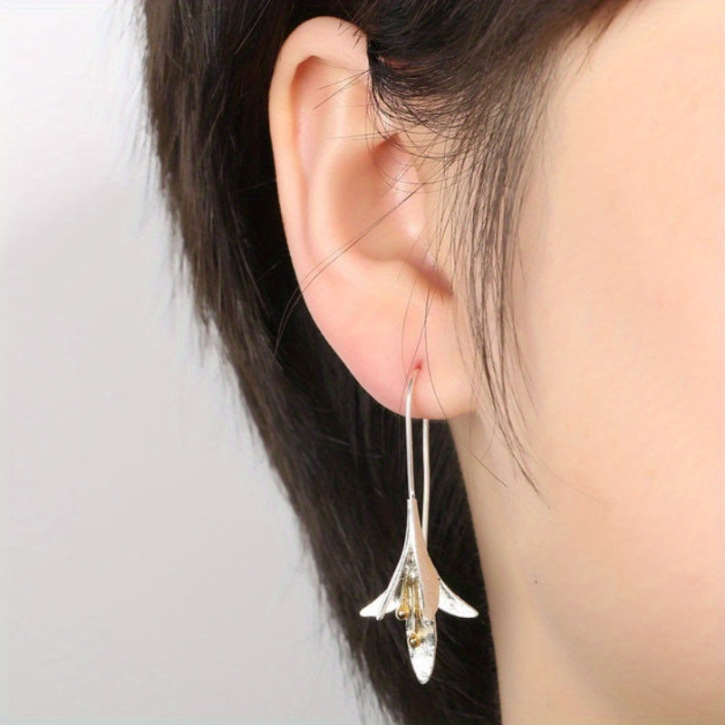 Female Fashion Vintage Blooming Flowers Two Tone Dangle Hanging Engagement Jewelry Earrings