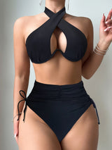 Elegant Halter Neck Bikini Set with High-Waist Tummy Control - Stretchy, Non-Transparent Nylon Blend Swimsuit for Women, High Waisted Bikini Set