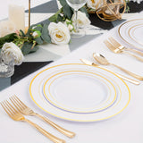 50pcs Gold Plastic Plates with Silverware, Gold Dinnerware Set Perfect for Wedding Includes: 10 Dinner Plates 10.25", 10 Salad Plates 7.5", 10 Gold Silverware Sets, White Gold Plates for Party, Holidays, Hand washable and reu