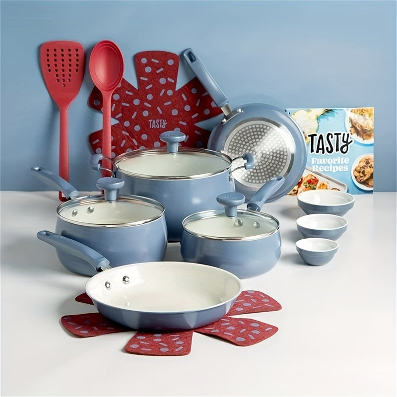 Ceramic 16 piece set of non stick aluminum cookware, slate blue soft and non-toxic healthy ceramic non stick pot set dishwasher safe and non stick pot convenient quality detachable handle induction cookware set non stick cook