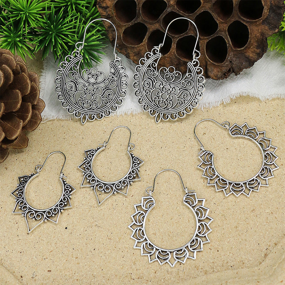 Boho Hollow Dangle Earrings - Vintage Ancient Silver U-Shaped Jewelry for Women