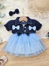 Baby Girl Outfit Denim Head Knot+Denim Short -Sleeved Jacket+Sling Mesh Skirt with 3 - 24 Months, Perfect for Outdoor
