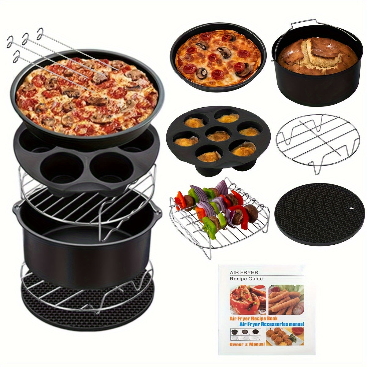 11pcs/set 8 Inch Air Fryer Accessories, Compatible Fits For Universal 3.7QT - 6.8QT Deep Air Fryer, BPA Free, Dishwasher Safe, Nonstick Coating, With Recipes Cookbook