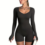OQQ Women Yoga Rompers Ribbed Workout Long Sleeve Sweetheart V Neck Sport Jumpsuits Rompers