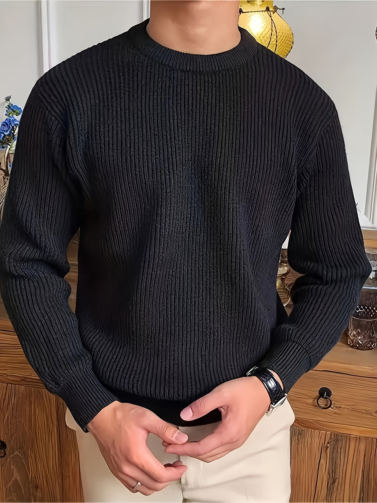 Cozy Solid Color Crew Neck Sweater for Men - Long Sleeve Pullover Tops for Spring and Fall - Soft, Breathable, and Versatile Casual Wear
