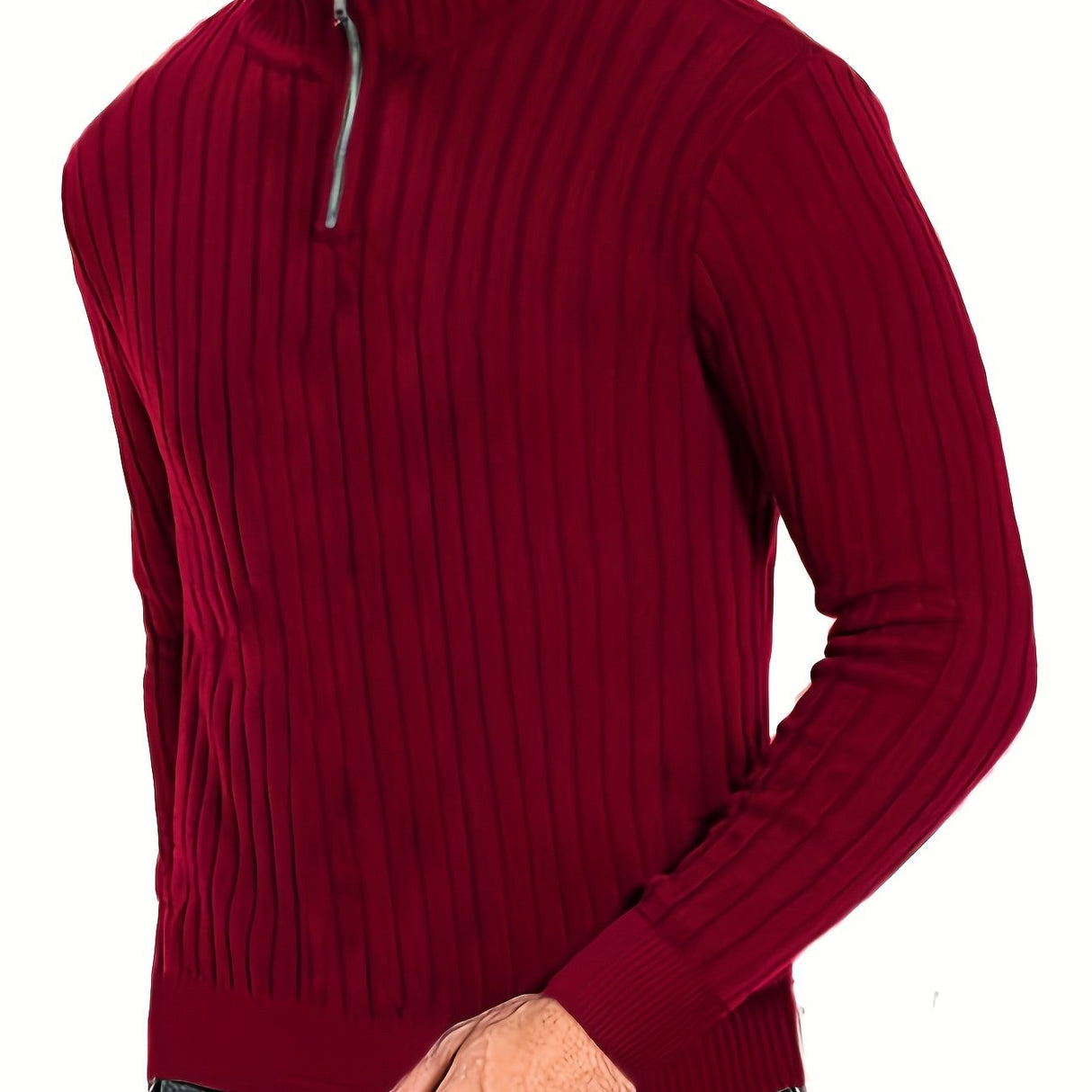 Men's Stand Collar Solid Knit Sweater, Men's Casual Lapel Slightly Stretch V-Neck Pullover Sweater For Men Winter Fall
