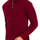 Men's Stand Collar Solid Knit Sweater, Men's Casual Lapel Slightly Stretch V-Neck Pullover Sweater For Men Winter Fall