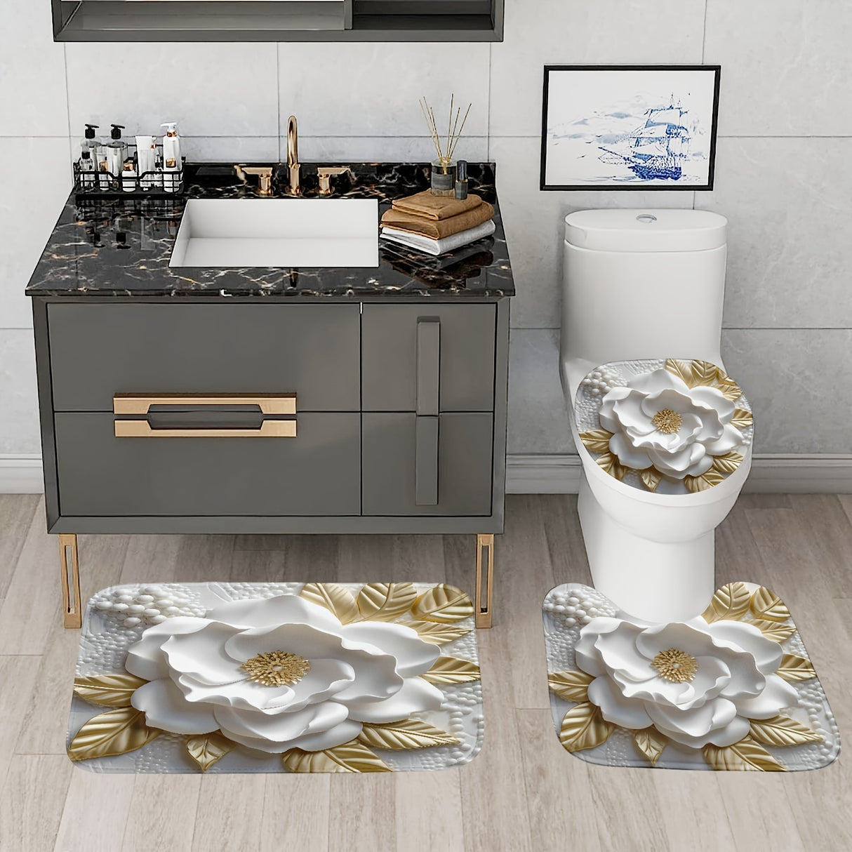 1/4pcs Luxurious 3D Floral Pattern Shower Curtain Set - Waterproof, Non-Slip, Easy-to-Clean Bathroom Essentials with 12 Hooks, U-Shape Toilet Mat, Toilet Lid Cover Pad - Complete Bathroom Decor Solution for a Relaxing Oasis