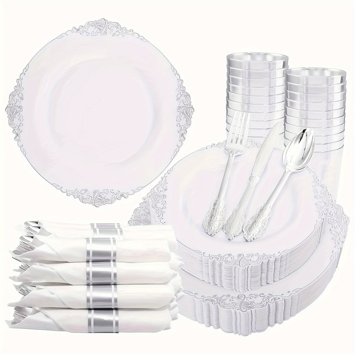 350PCS Silver Plastic Plates&Pre Rolled Napkins for 50 Guests, Plastic Dinerware Set 100 Silver Disposable Plates, 150 Silver Silverware, 50Cups and 50Napkins for Wedding&Party