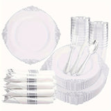 350PCS Silver Plastic Plates&Pre Rolled Napkins for 50 Guests, Plastic Dinerware Set 100 Silver Disposable Plates, 150 Silver Silverware, 50Cups and 50Napkins for Wedding&Party