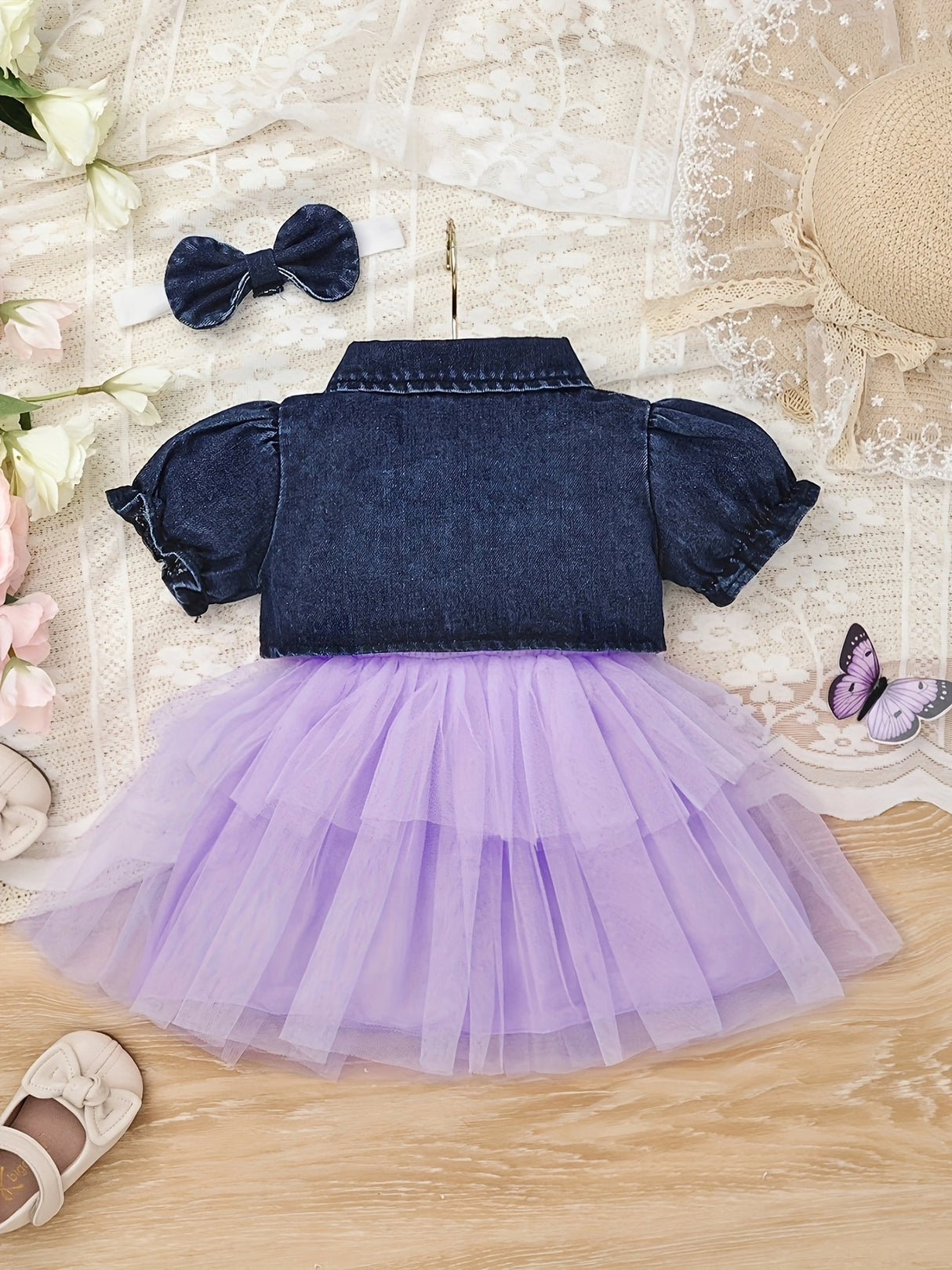 Baby Girl Outfit Denim Head Knot+Denim Short -Sleeved Jacket+Sling Mesh Skirt with 3 - 24 Months, Perfect for Outdoor