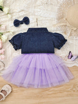 Baby Girl Outfit Denim Head Knot+Denim Short -Sleeved Jacket+Sling Mesh Skirt with 3 - 24 Months, Perfect for Outdoor