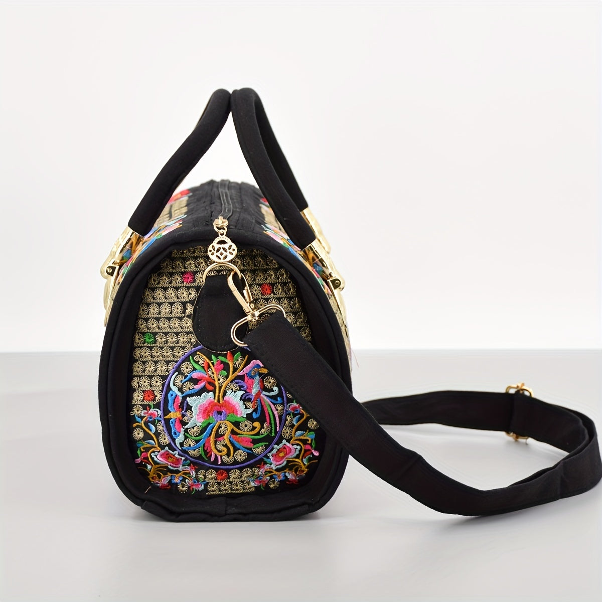 Vintage Embroidered Boston Bag, Retro Bohemian Tote Bag, Women's Ethnic Style Handbag & Purse