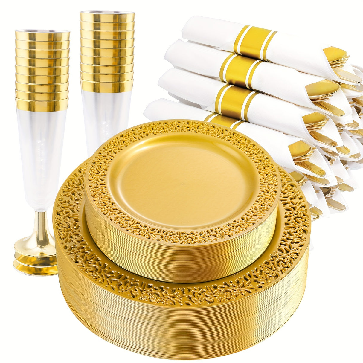 210pcs Solid Golden Disposable Plates with Golden Plastic Silverware and Cups for Party, Golden Plastic Plates Include: 30 Dinner Plates 30 Dessert Plates 30 Rolled Napkins with Cutlery 30 Cups