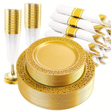 210pcs Solid Golden Disposable Plates with Golden Plastic Silverware and Cups for Party, Golden Plastic Plates Include: 30 Dinner Plates 30 Dessert Plates 30 Rolled Napkins with Cutlery 30 Cups
