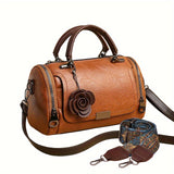 Women'S Boston Handbag with Flower Pendant, Solid Color Zippered Satchel, Polyester Lined, Painted Edges, Messenger Bag for Occasions