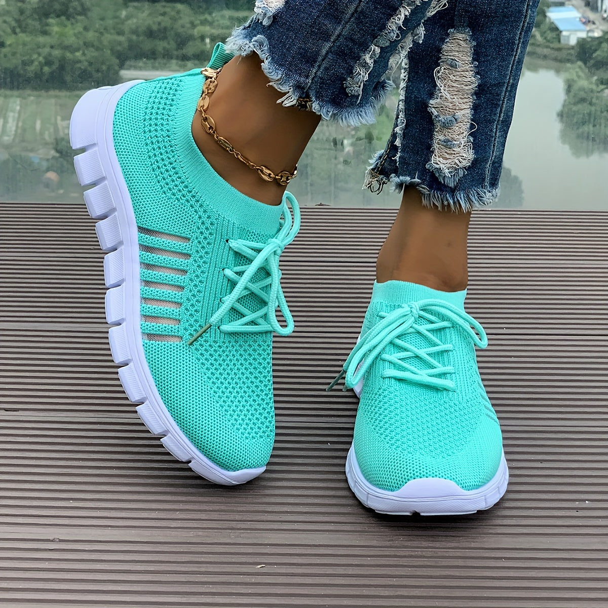 Women's Mesh Breathable Running Shoes, Solid Color Lace Up Front Summer Walking Shoes, Flying Woven Casual Sneakers