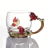 1pc, Exquisite Rose Enamel Butterfly Tea Cup - Heat Resistant, Clear Glass, Painted Flower Design, Elegant Coffee Mug, Tumbler, Ideal Breakfast Drinking Glass, Perfect Gift for Tea Lovers