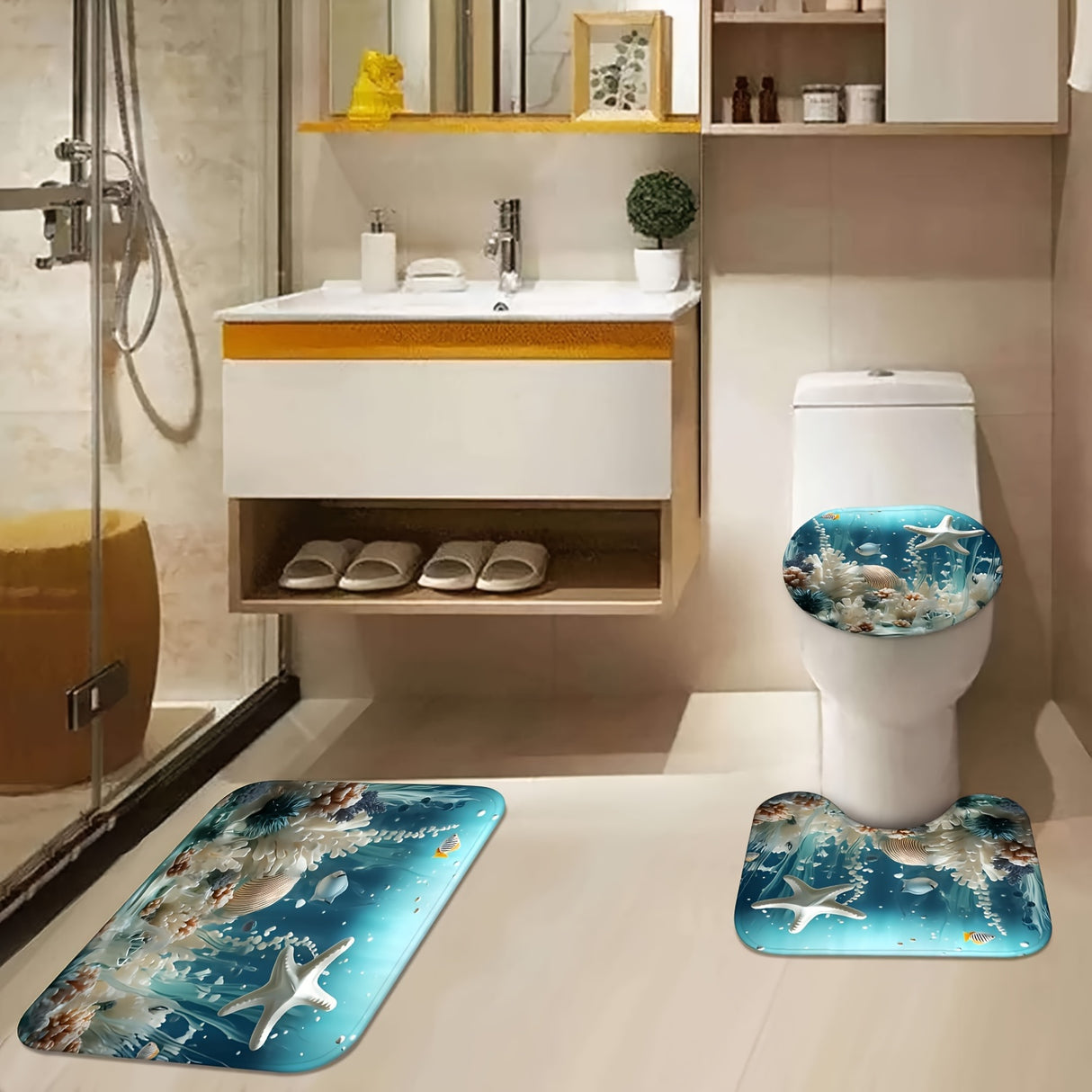 1/4pcs Ocean Breeze Blue Coral Print Shower Curtain Set - Water-Resistant, Non-Slip, Decorative Bathroom Essentials With 12 Hooks - Polyester, Unlined, Grommet Top, Woven Weave, All-Season Bathroom Accessories For Home Decora
