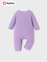PatPat Baby Girl Cute All Over Rabbit Print/Solid Ribbed V Neck Short-sleeve Jumpsuit For Summer Outdoor Wear