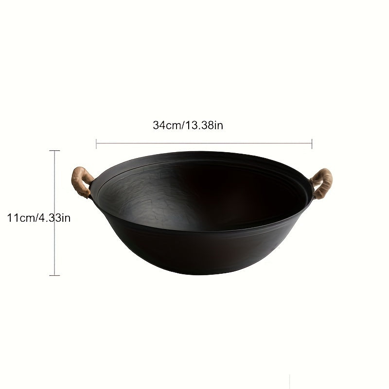 WYJ Handmade Binaural Iron Wok with Wooden Lid & Shovel Spoon Set - Round/Flat Bottom Choose, Uncoated Cast Iron Wok for All Stoves 30/34/36/38cm