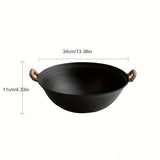 WYJ Handmade Binaural Iron Wok with Wooden Lid & Shovel Spoon Set - Round/Flat Bottom Choose, Uncoated Cast Iron Wok for All Stoves 30/34/36/38cm