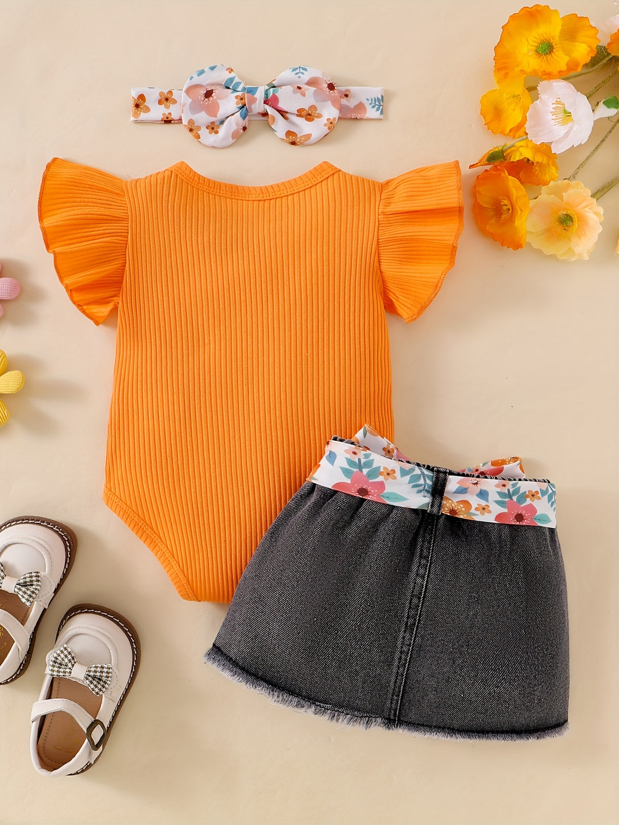 Baby Girl Clothes Newborn Jumpsuit Short Sleeved Denim Skirt with Front End and Baby Clothing Set, 0-18 Months, for Outdoor